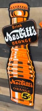 Drink Nesbitt’s Orange California 5 Cents Ribbed Bottle Die Cut SST Bottle Sign