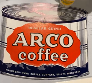 Arco Coffee Regular Grind Andresen-Ryan Coffee Company Duluth MN Double-Sided Cardboard Sign