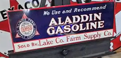 Aladdin Gasoline Embossed Illinois Farm Supply SST Sign