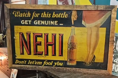 Nehi Beverages Leg Sign Finger Pointing Down Watch for This Bottle Cardboard