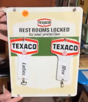 Texaco Ladies and Men Rest Room SST Key Hanger and Key Rings