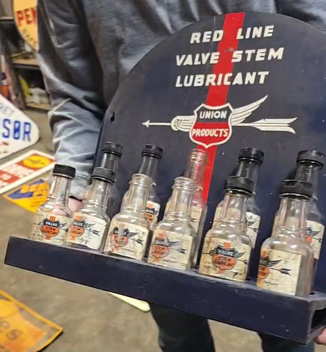 Union Oil of California Red Line Valve Stem Lubricant SST Display and 11 Glass Paper Label Bottles