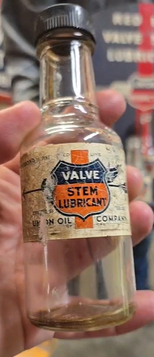 Union Oil of California Red Line Valve Stem Lubricant SST Display and 11 Glass Paper Label Bottles