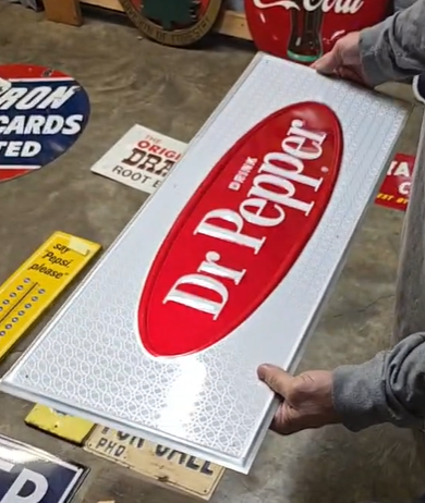 Drink Dr Pepper Oval on Silver Rectangle SST Embossed Sign