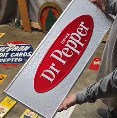 Drink Dr Pepper Oval on Silver Rectangle SST Embossed Sign