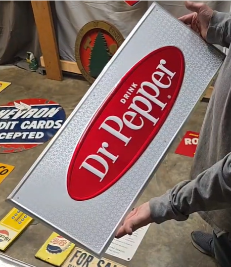 Drink Dr Pepper Oval on Silver Rectangle SST Embossed Sign