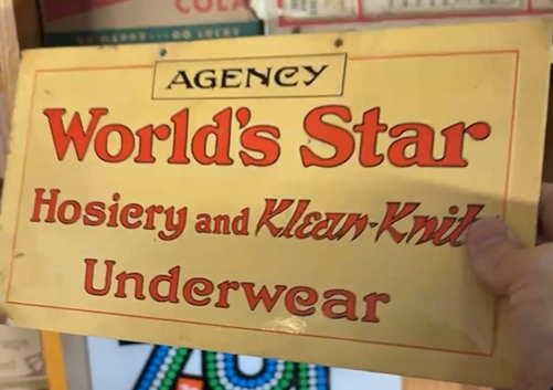 World’s Star Hosiery and Klean-Knit Underwear Celluloid Sign