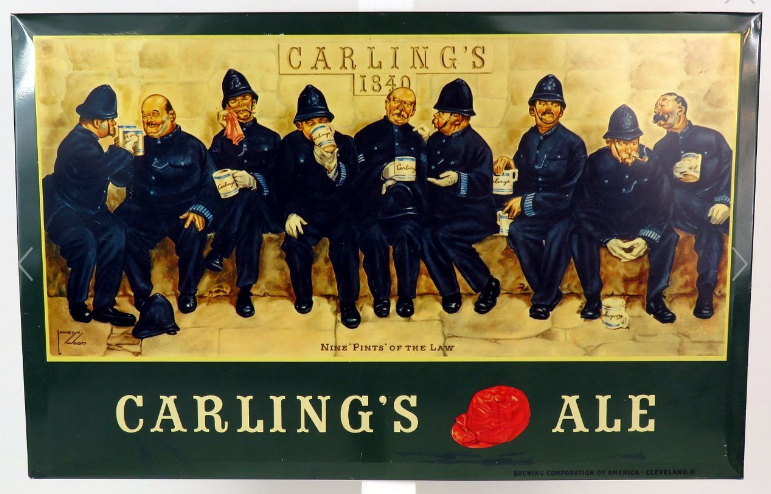 1947 Carling’s Ale Nine Pints Of The Law TOC Tin Over Cardboard TOC Sign Cleveland Ohio