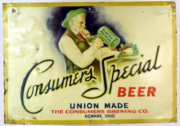 1935 Consumer’s Special Beer SST Tacker Sign Newark Ohio