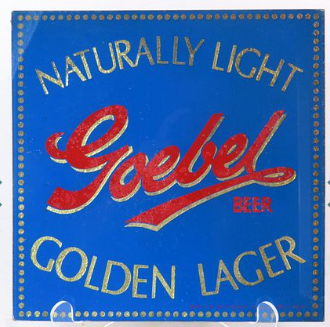 1966 Goebel Golden Lager Beer Reverse Painted Glass Sign Detroit Michigan