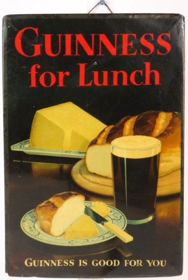 1935 Guinness Stout “For Lunch” Tin Over Cardboard TOC Sign Dublin Ireland