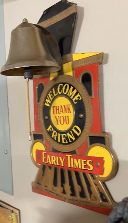 Early Times Kentucky Straight Bourbon Whiskey Celluloid over Cardboard Embossed Train Sign