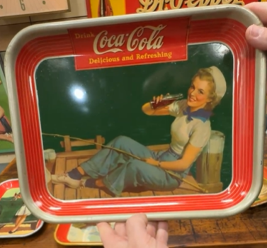 Drink Coca-Cola Delicious and Refreshing Sailor Girl Fishing on Dock SST Serving Tray