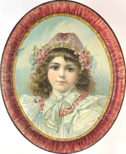 1910 Stock Child portrait with Red Rim 16½ x 13½ inch oval tray Serving Tray