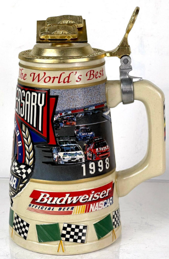 1998 Budweiser NASCAR 50th Anniversary Lidded 8¼ Inch Stein St. Louis Missouri