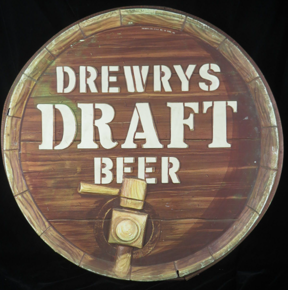 1969 Drewrys Draft Beer Barrel-End Vacuform Foil-over-paper South Bend Indiana