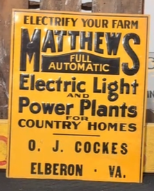 Matthews Full Automatic Electric Light and Power Plants Elberon VA Embossed SST Sign