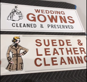 Dry Cleaners Wedding Gowns and Suede Leather Cleaning Embossed Lexan Plastic Signs