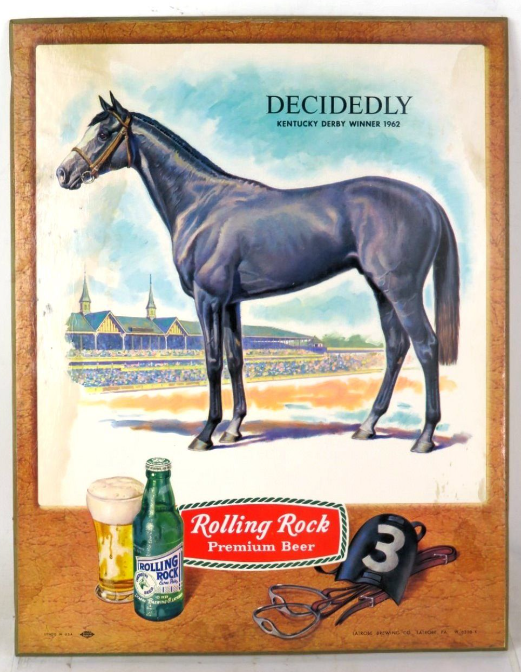 1968 Rolling Rock Beer “Decidedly” Kentucky Derby Cardboard Easel-Back Latrobe Pennsylvania