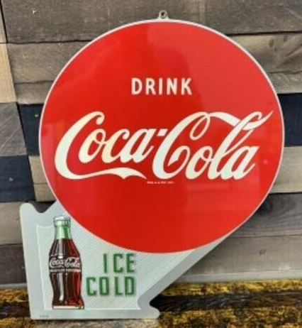 Drink Coca Cola Ice Cold Tin Flange Sign w/Bracket