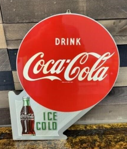 Drink Coca Cola Ice Cold Tin Flange Sign w/Bracket