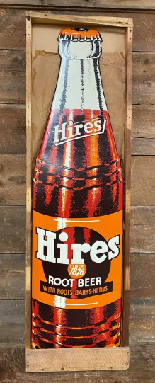 Hires Root Beer Die Cut Bottle SST Sign with Crate