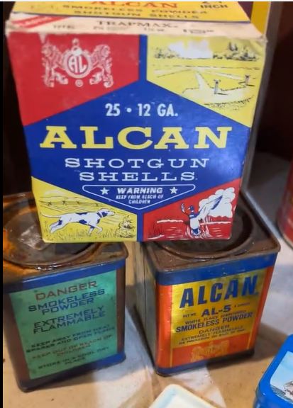 Alcan Shotgun Shells Box and Two Smokeless Powder SST Cans