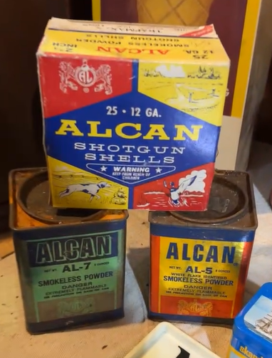Alcan Shotgun Shells Box and Two Smokeless Powder SST Cans