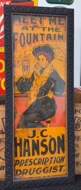 Hanson Prescription Druggist Meet Me at the Fountain SST Ithica Sign