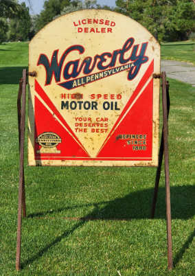 Waverly Motor Oil Dealer DST Tombstone Sign with Original Stand