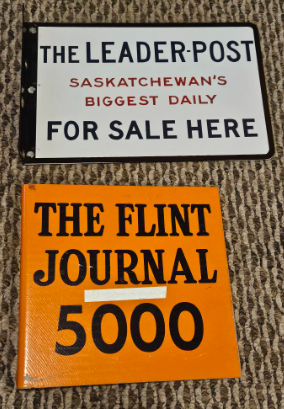 Two Newspaper DST Flange Signs Saskatchewan and Flint