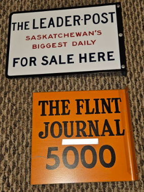 Two Newspaper DST Flange Signs Saskatchewan and Flint