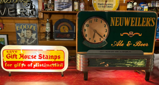 1930s Neuweiler’s Ale & Beer Deco Clock & 1950s Gift House Stamps Light-up Counter Sign