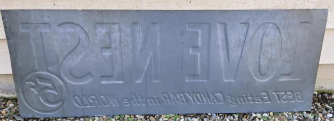 Love Nest Candy Bars 5¢ Embossed SST Sign
