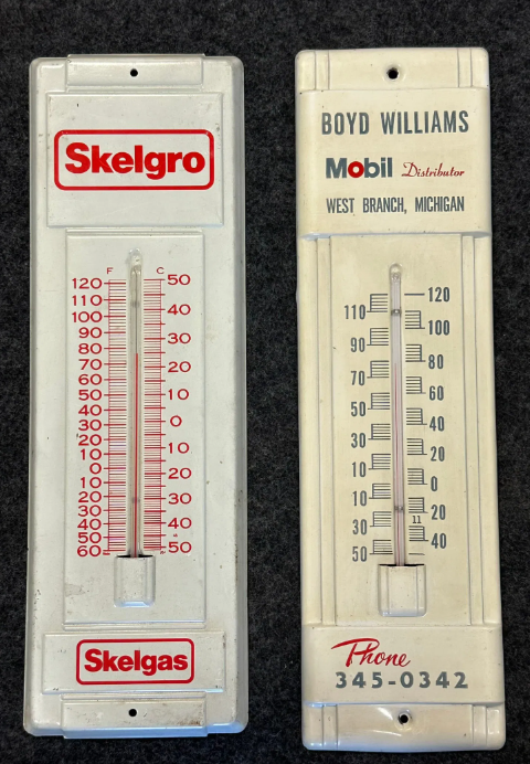 Pair Vintage Metal Gas Station Related Thermometers Skelgro & Boyd Williams Mobil