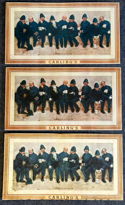 Lot of 3 Carlings Firemen Tin Over Cardboard Signs