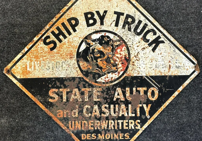 1940s State Auto & Casualty Underwriters SST Advertising Sign w/ Cow Bull