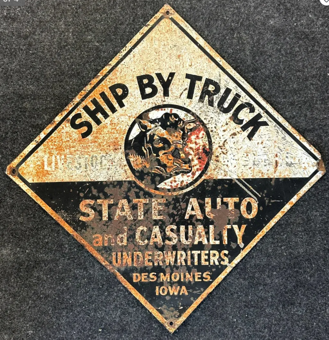 1940s State Auto & Casualty Underwriters SST Advertising Sign w/ Cow Bull