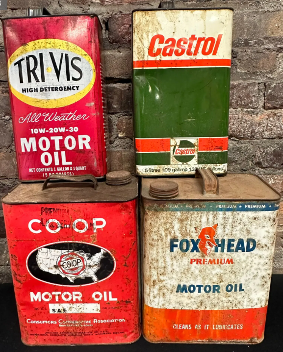 Lot of 4 Oil 1 Gallon & 2 Gallon Cans Castrol, Co-Op, Fox Head, Tri Vis