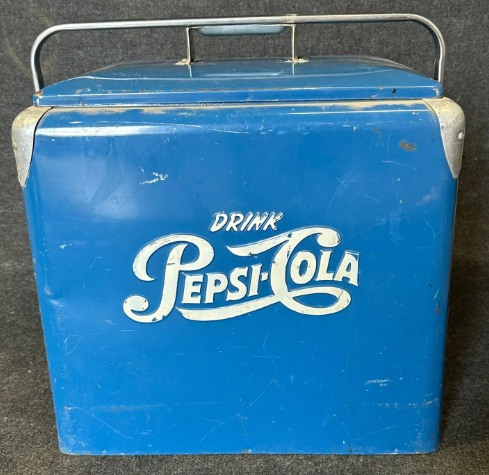 Pepsi Cola Blue Embossed Metal Soda Pop Cooler w/ Interior & Tray