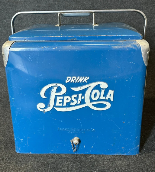 Pepsi Cola Blue Embossed Metal Soda Pop Cooler w/ Interior & Tray