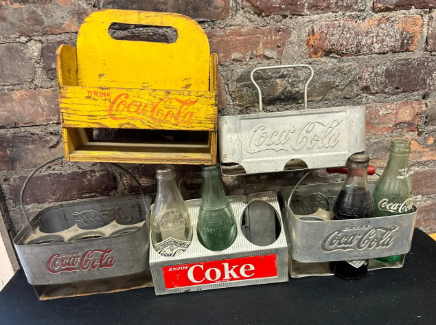 Lot of 5 Antique Coca Cola Metal Carriers w/ Assortment of Old Bottles