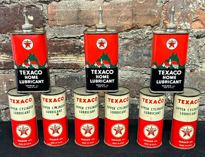 Lot of Three Texaco Lead Top Oilers & Six Upper Cylinder Lubricant Cans
