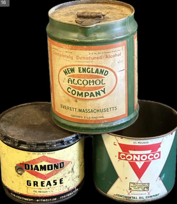 Lot of 3 Cans New England Alcohol Co., (5 gallon) Diamond Grease (25 pounds), & Conoco Gear Lubricant (25 Pounds)