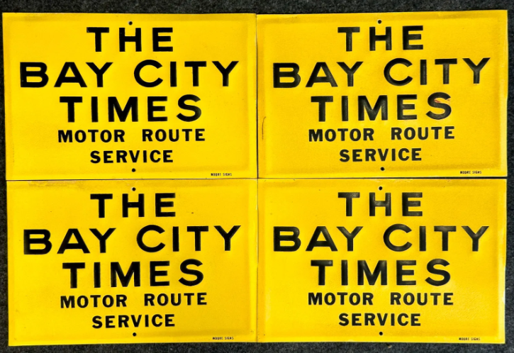 Lot of (4) Vintage The Bay City Times Motor Route Service SST Signs w/ Reflective Paint