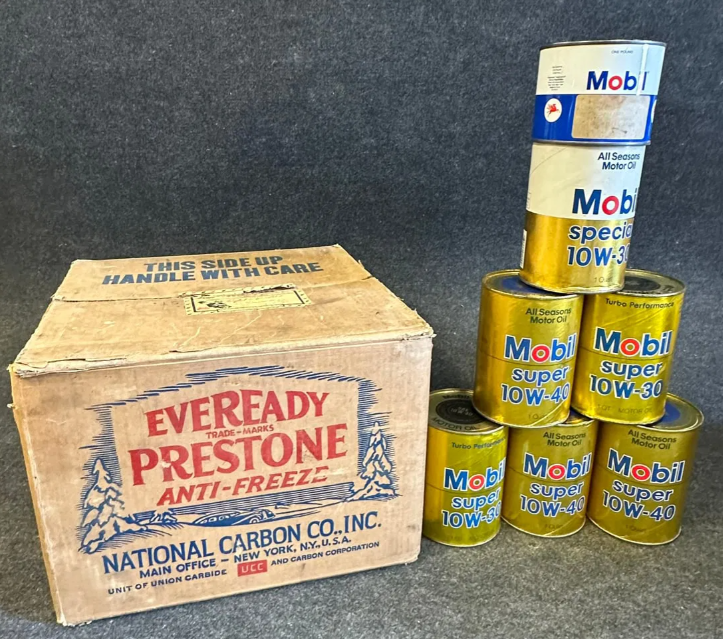 Seven Mobil Oil Cans & Empty Eveready Prestone Box