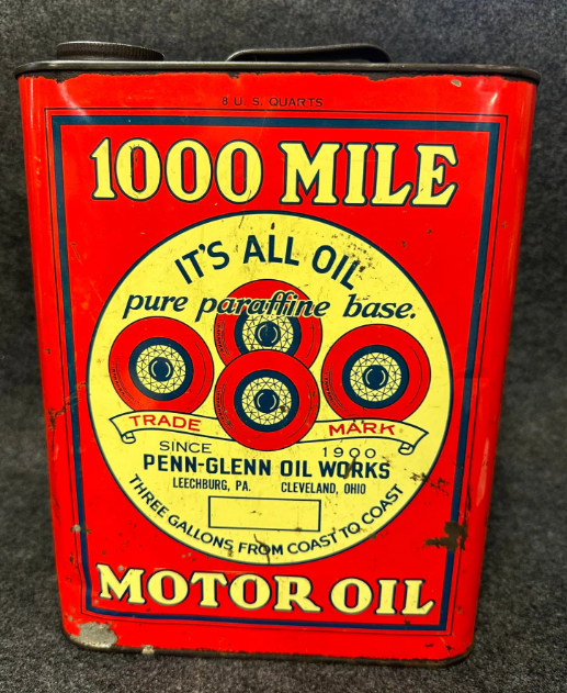 1930s Penn-Glenn Oil Works 1000 Mile Motor Oil 2 Gallon Oil SST Can
