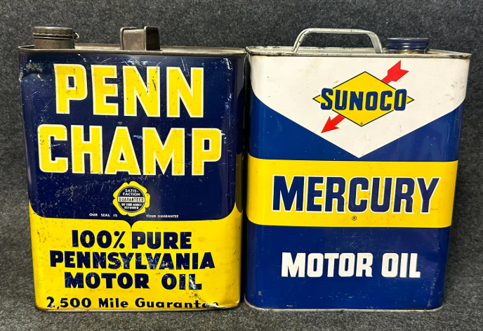Penn-Champ & Sunoco Mercury Motor Oil 2 Gallon SST Oil Cans