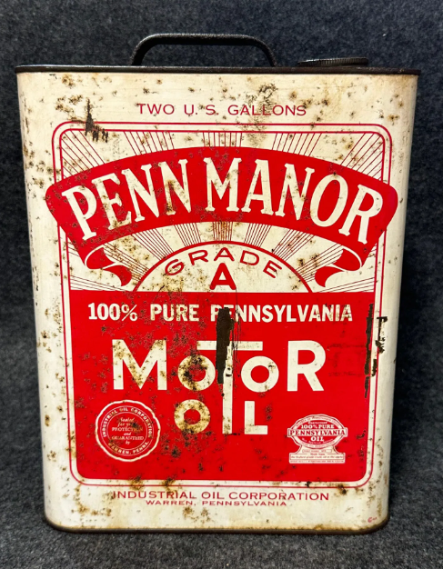 Penn Manor 100% Pennsylvania Motor Oil 2 Gallon SST Oil Can Industrial Oil Warren PA