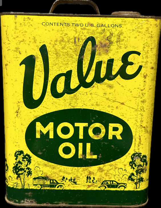 Value Motor Oil 2 Gallon SST Oil Can Tin Car & Truck Graphics